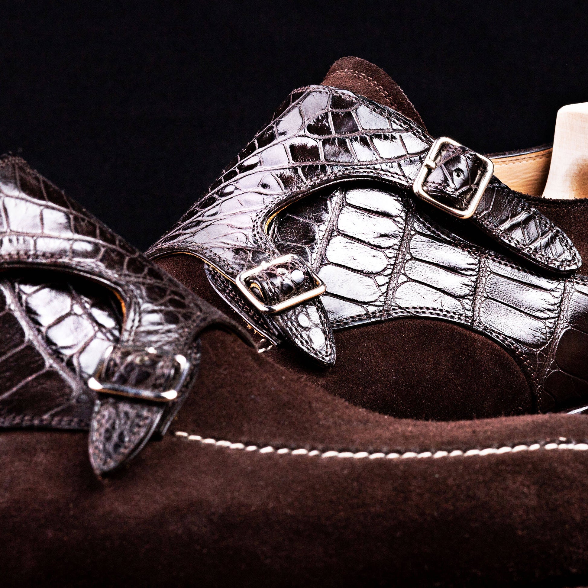 Goodyear Welted Murtosa Brown Suede and Leather Croc Print Double Monk Strap With Violin Leather Sole