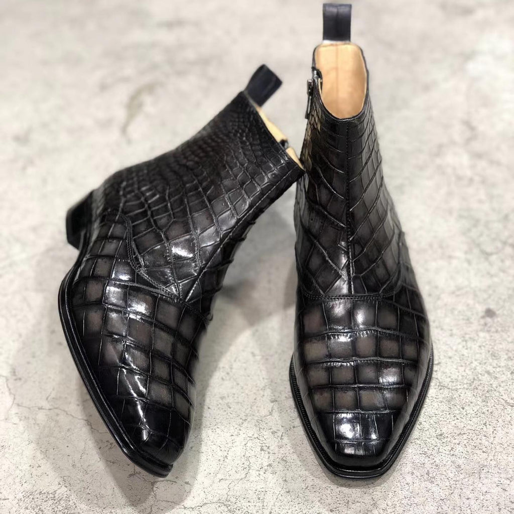 Black Crocodile Print Leather Campinas Slip On Zipper Boots