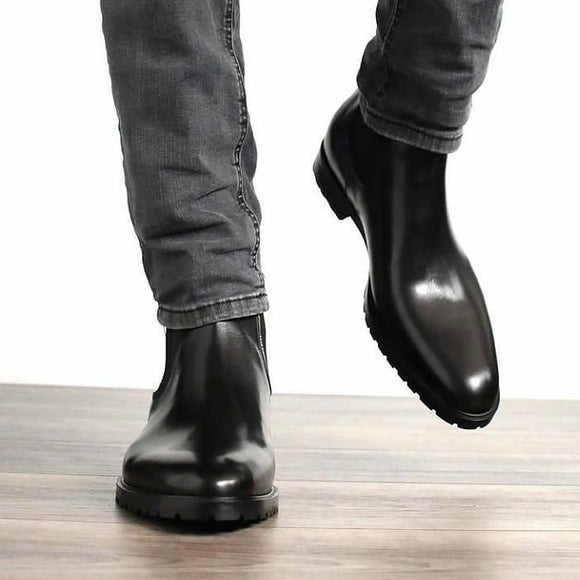 Black Leather Vamese Slip On Chelsea Boots