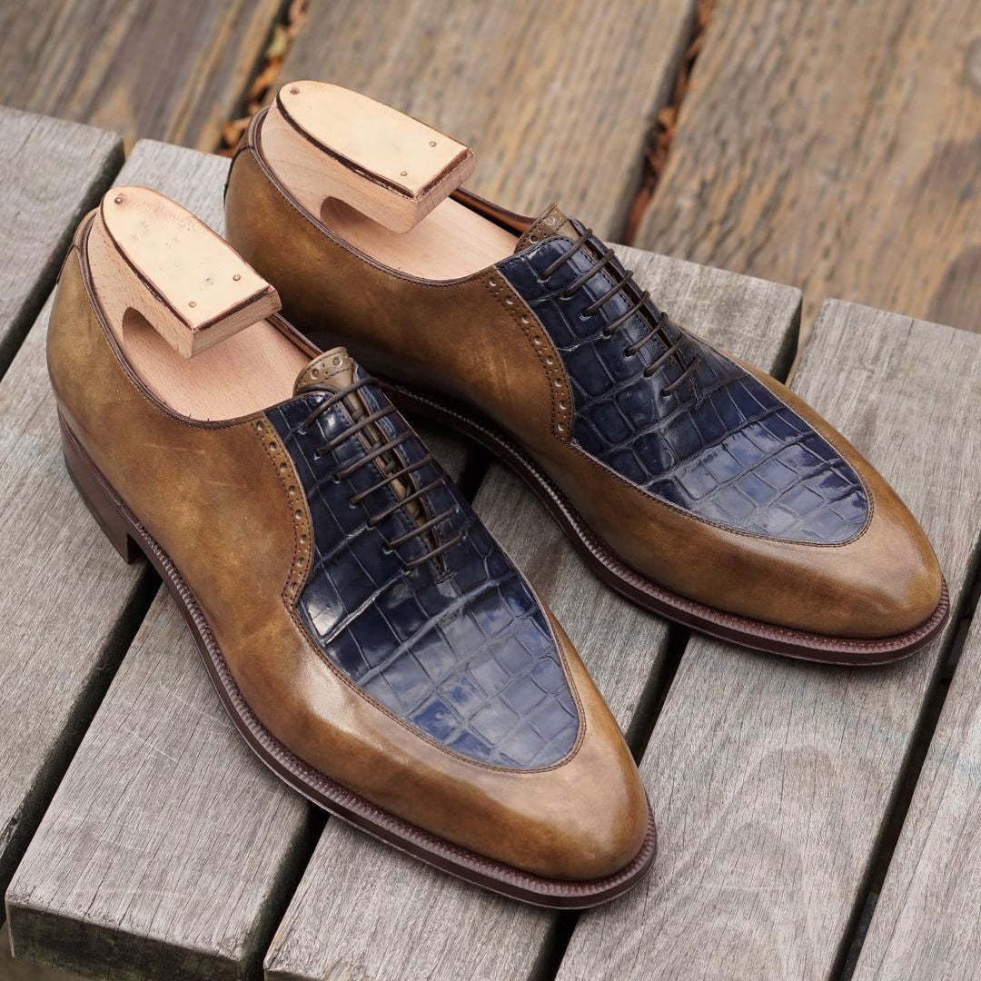 Navy Blue Crocodile Print and Tan Leather Janeiro Brogue Oxfords 