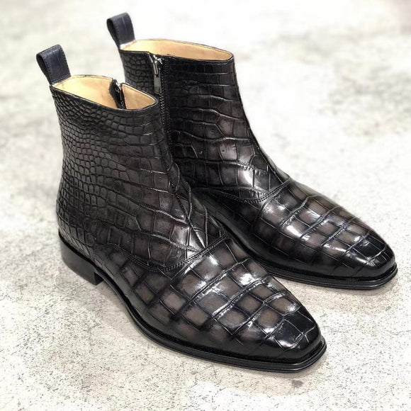 Black Crocodile Print Leather Campinas Slip On Zipper Boots