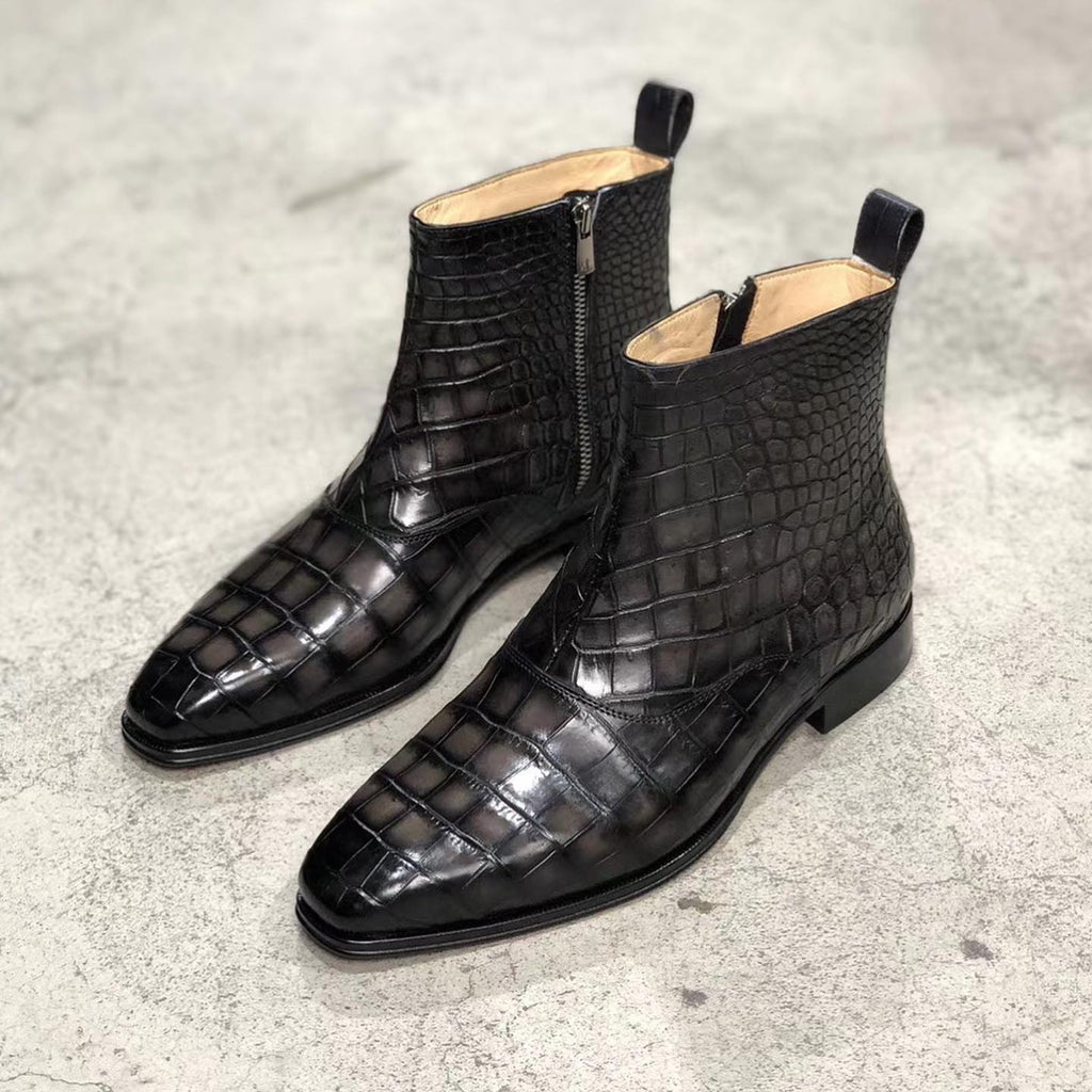 Black Crocodile Print Leather Campinas Slip On Zipper Boots