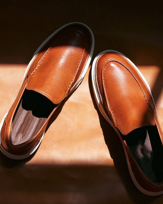 Tan Leather Aphrodite Slip On Yatch Loafers with White Soles 