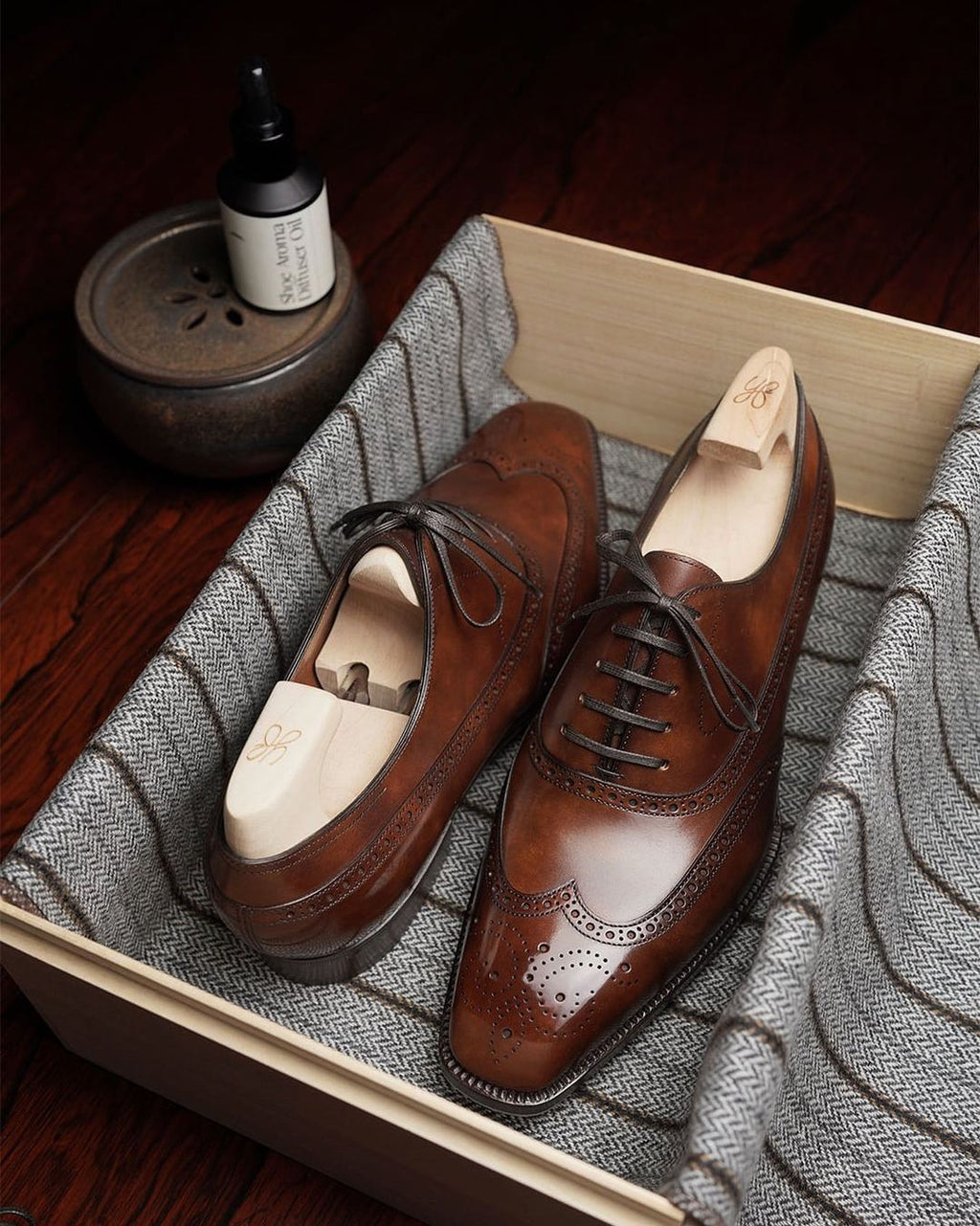 Dark Tan Leather Cedria Brogue Wingtip Oxfords 
