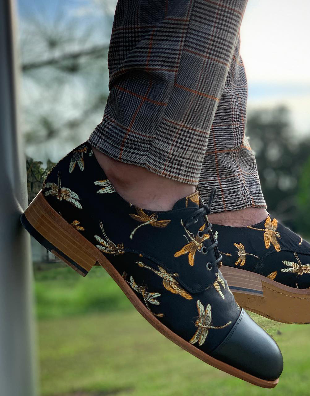 Black Printed Dragon Fly Canvas and Leather Maliana Toe Cap Lace Up Derby Shoes