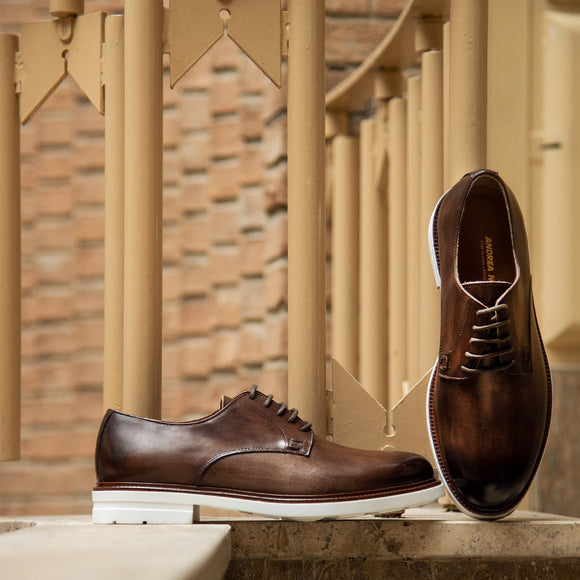 Brown Leather Caracas Brogue Derby Shoes with White Leather Sole Summer 2024 Collection