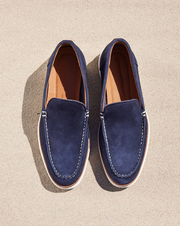 Navy Blue Leather Elysia Slip On Yatch Loafers with White Soles