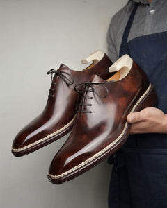 Brown Leather Mariselle Whole Cut White Stitched Oxfords