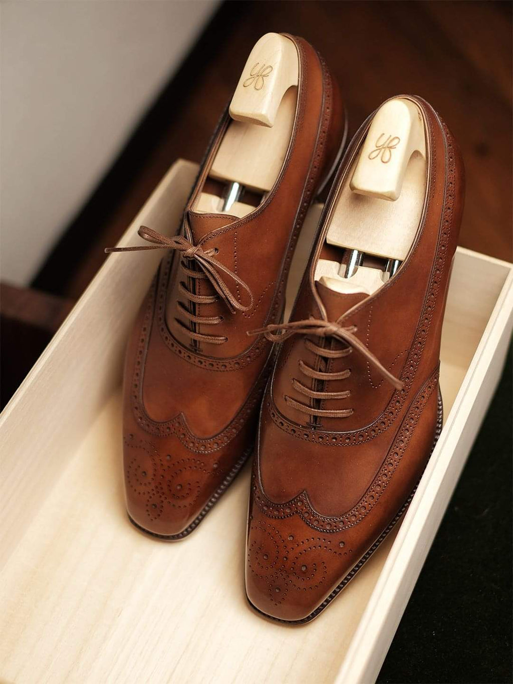 Tan Leather Cedria Brogue Wingtip Oxfords 