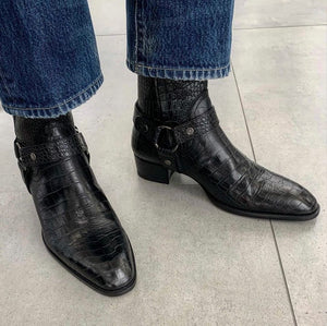 Black Crocodile Leather Ravien Harness Chelsea Boots