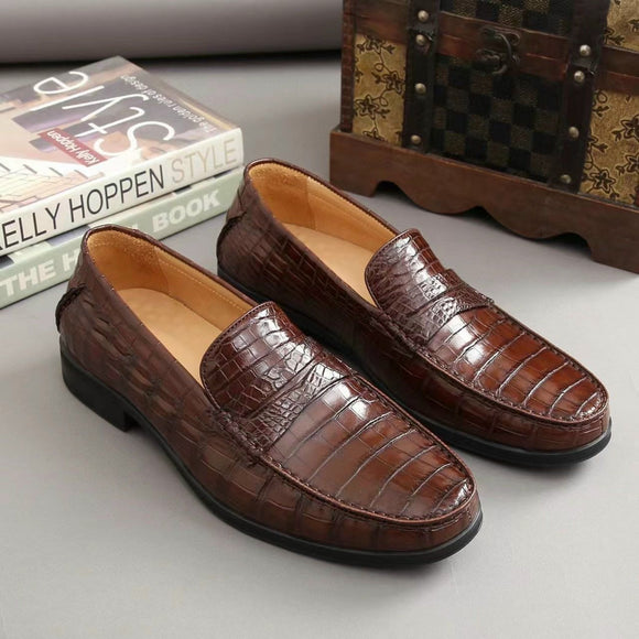 Brown Croc Print Leather Benna Penny Loafers