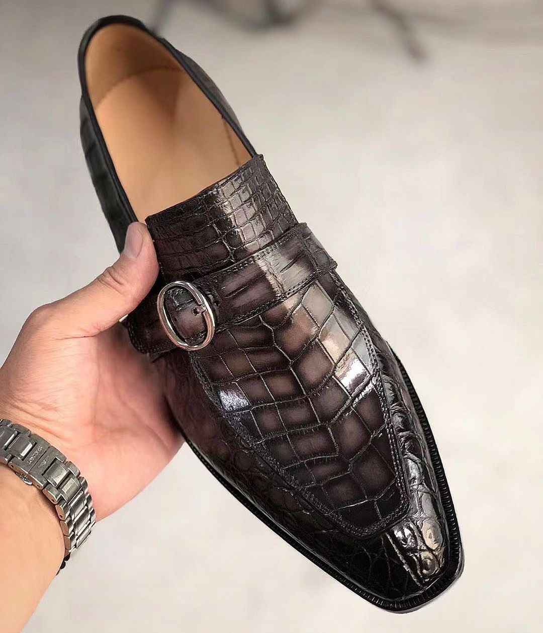 Brown Crocodile Print Leather Cali Single Monk Straps - Alligator Print