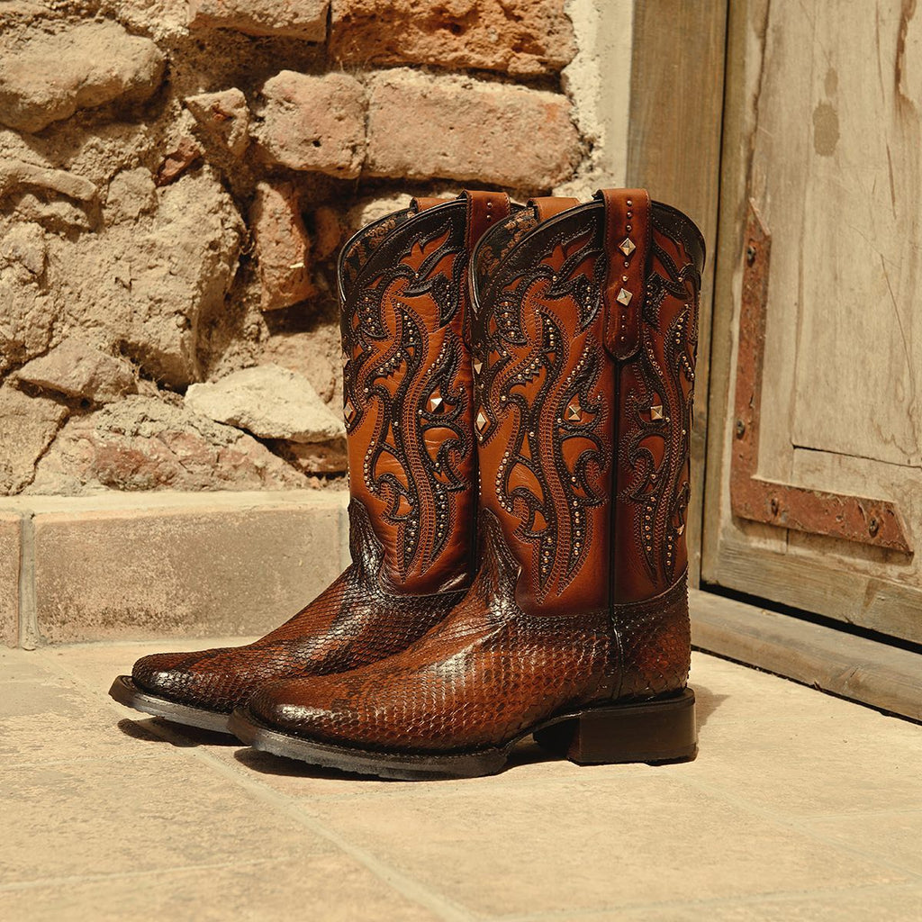 Tan Python Print Leather Fencourt Zipper Cowboy Boots - AW24