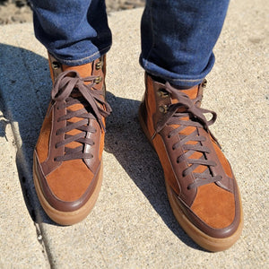 Height Increasing Tan Suede and Brown Leather Foxton Lace Up High Top Sneakers