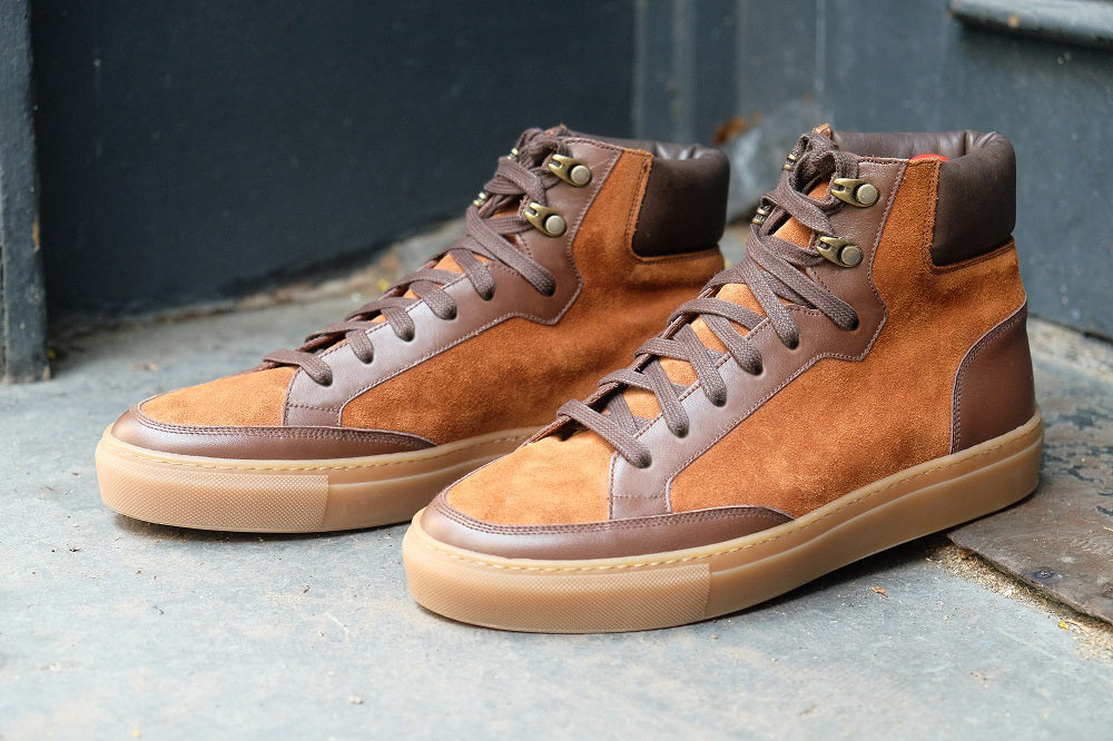 Height Increasing Tan Suede and Brown Leather Foxton Lace Up High Top Sneakers