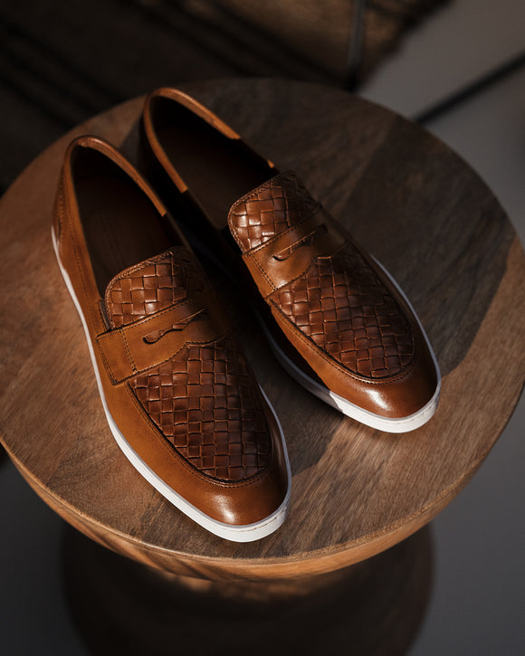 Tan Braided Leather Aurora Slip On Penny Sneakers with White Soles Summer 2024 Collection