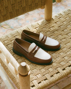 Brown and White Universtone Penny Loafers