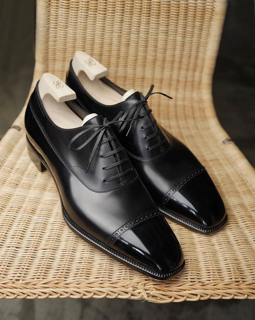 Black Leather Isolde Brogue Toe Cap Oxfords