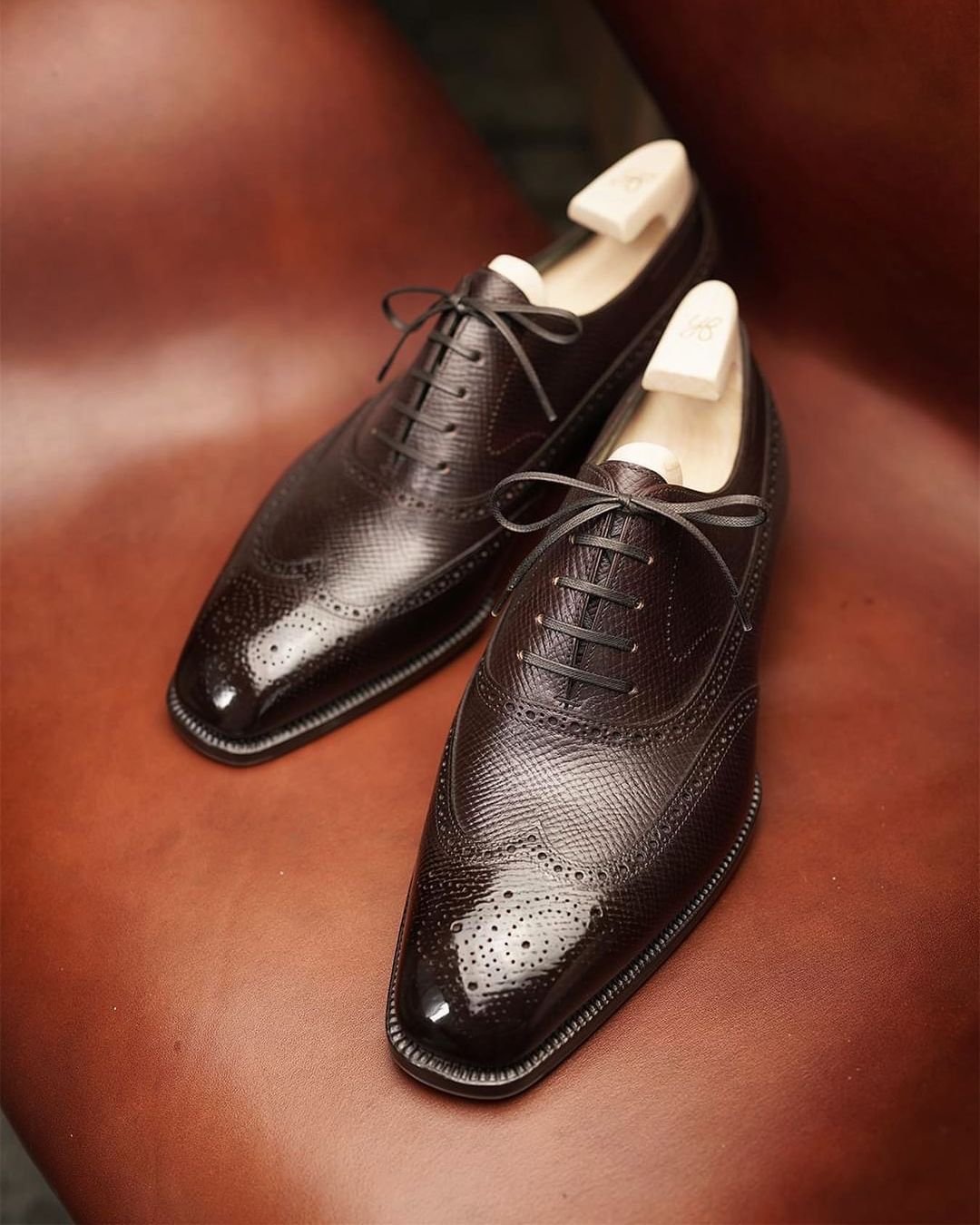 Brown Hatch Grain Leather Cedria Brogue Wingtip Oxfords