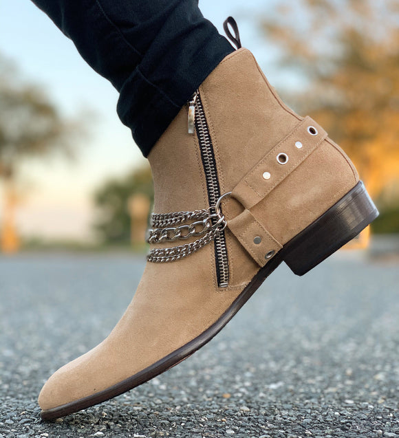 Tan Suede Ravien Harness Chelsea Boots with Golden Chain