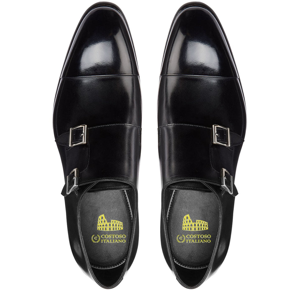 Flat Feet Shoes - Black Leather Castle Monk Straps with Arch Support