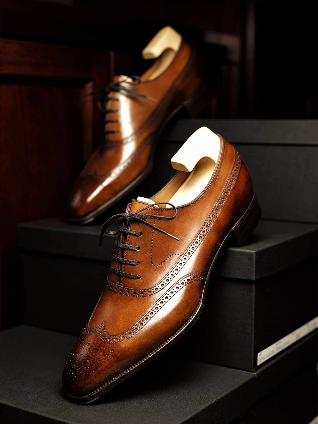 Tan Leather Cedria Brogue Wingtip Oxfords 