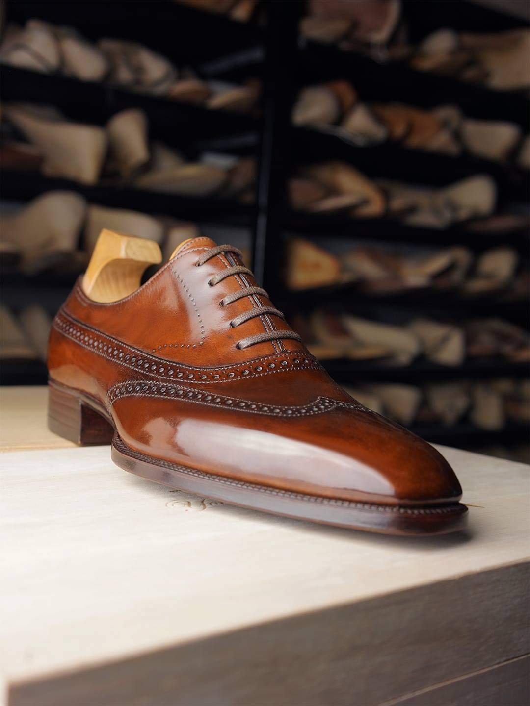 Tan Leather Cedria Brogue Wingtip Oxfords 
