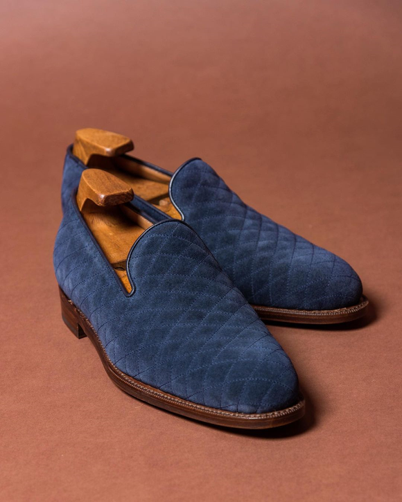 Navy Blue Quilted Suede Mieres Loafers