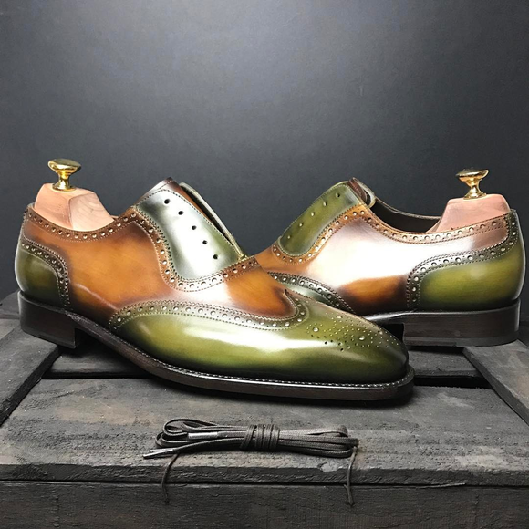 Olive Green and Tan Hand Painted Leather Estoril Brogue Toe Cap Oxfords