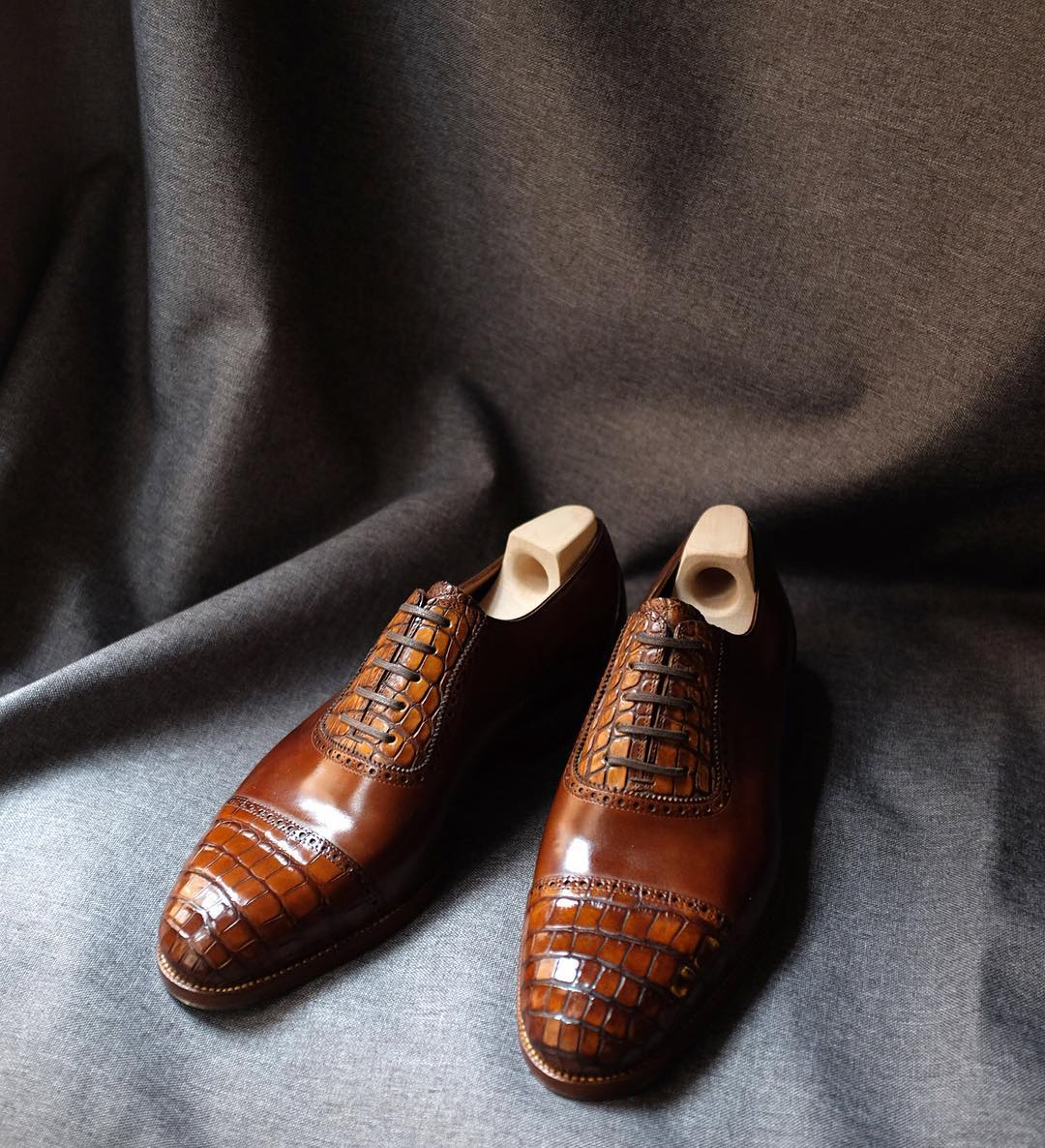 Tan Leather Lagos Croc Print Brogue Toe Cap Oxfords 