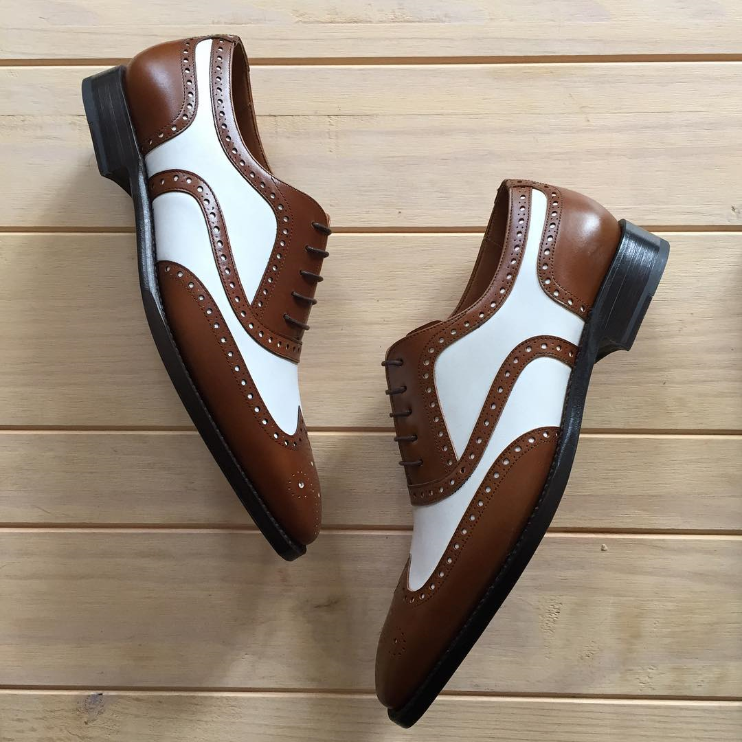 Tan and White Leather Lamego Brogue Oxfords