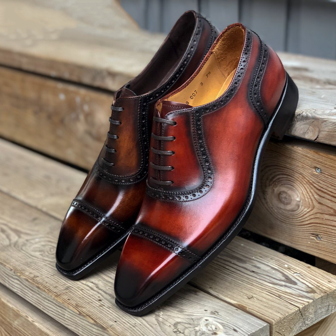 Height Increasing Brown Burgundy Leather Luso Brogue Toecap Oxfords