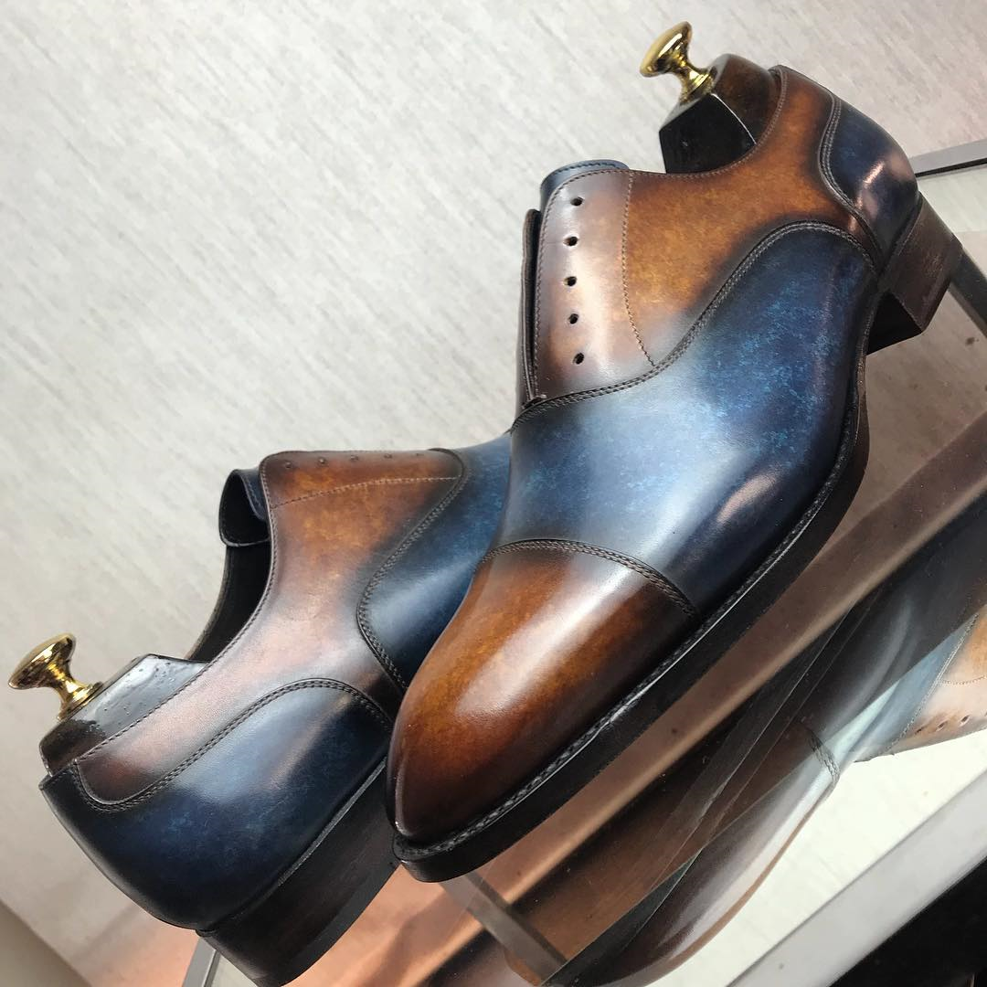 Tan and Navy Blue Leather Varzim Oxfords