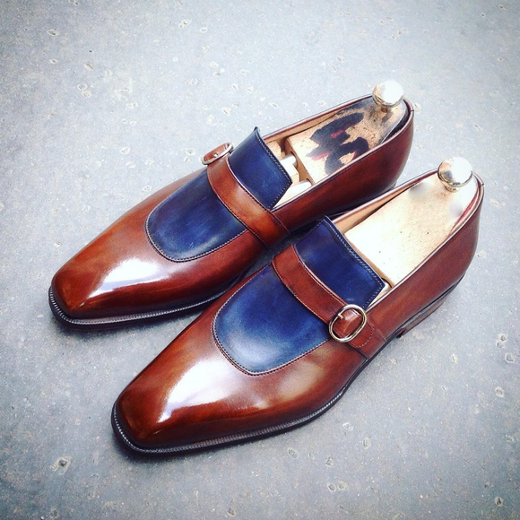 Height Increasing Brown and Navy Blue Leather Alvor Monk Straps