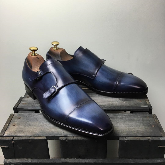 Height Increasing Navy Blue Leather Barcelos Monk Straps