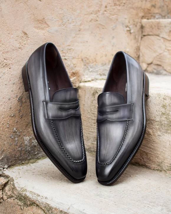 Grey Leather Penrith Slip On Penny Loafers