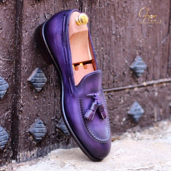 Purple Leather Queanbe Slip On Tassel Loafers