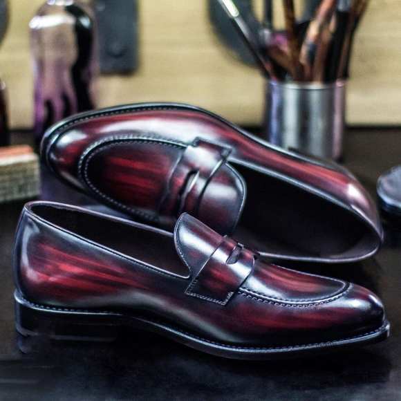 Burgundy Patina Leather Tamworth Slip On Penny Loafers