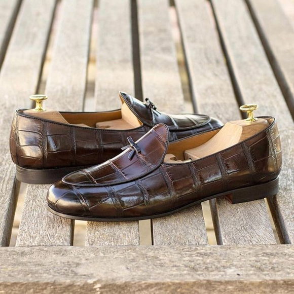 Brown Crocodile Print Leather Launceston Slip On Loafers