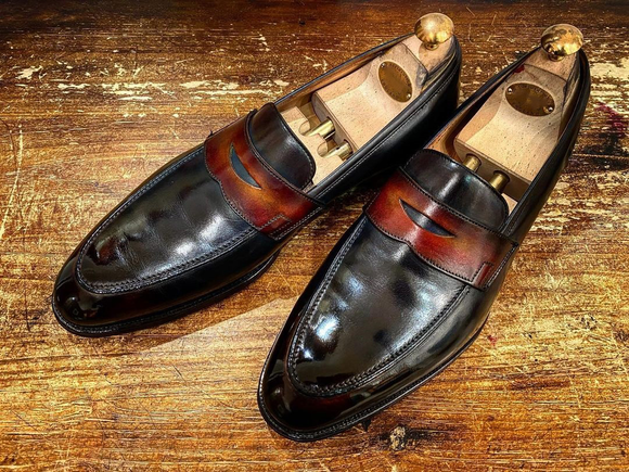 Black and Tan Patina Leather Horsham Slip On Penny Loafers