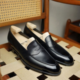 Black Italian Leather Latrobe Slip On Penny Loafers- Goodyear Welted Fiddle Back Violin Sole