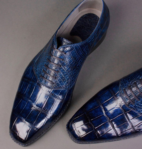 Navy Blue Crocodile Print Leather Burnie Oxford Shoes