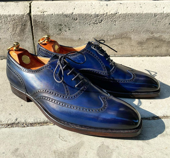 Navy Blue Leather Guardia Brogue Wingtip Oxford Shoes Costoso Italiano