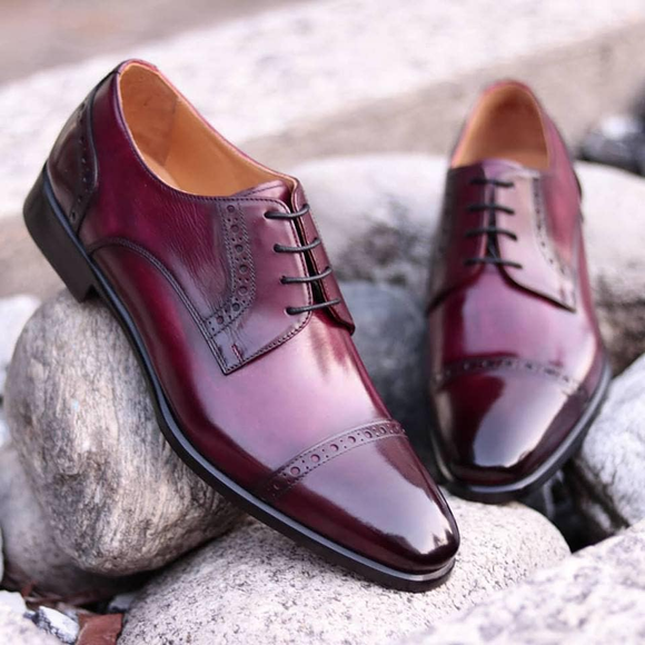 Burgundy Brown Leather Gambier Brogue Toe Cap Derby Shoes