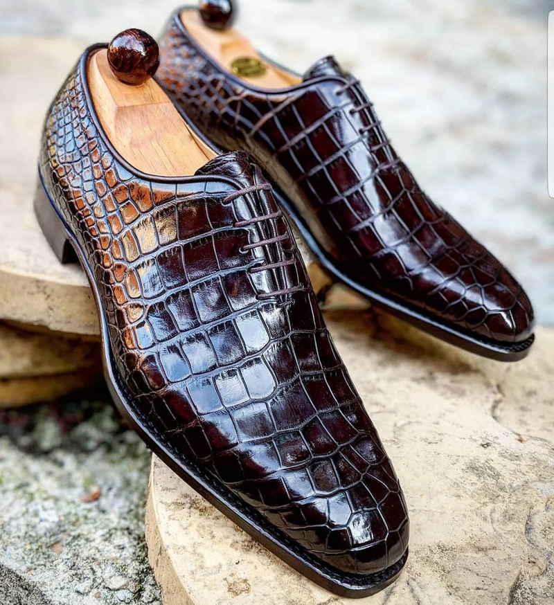 Brown Crocodile Print Leather Mineros Whole Cut Oxford Shoes