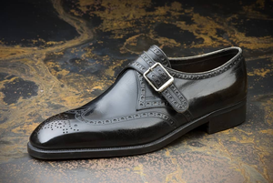 Black Leather Caranavi Brogue Wingtip Monk Strap Shoes 