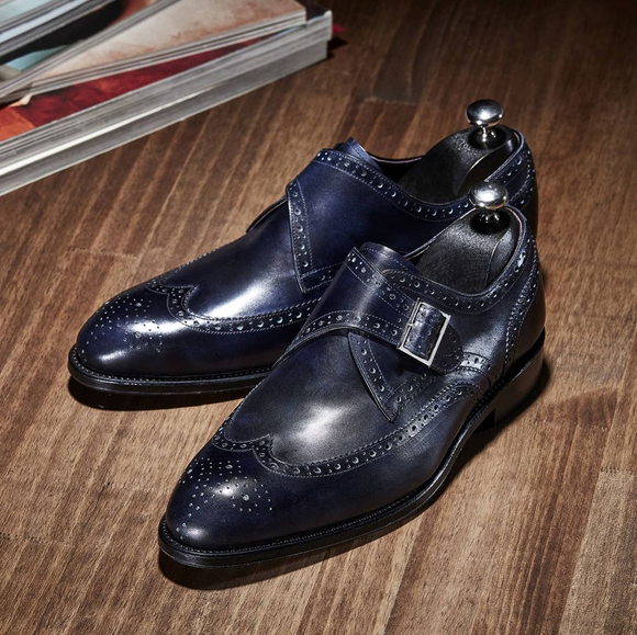Indigo Blue Leather Rurrena Brogue Wingtip Monk Strap Shoes