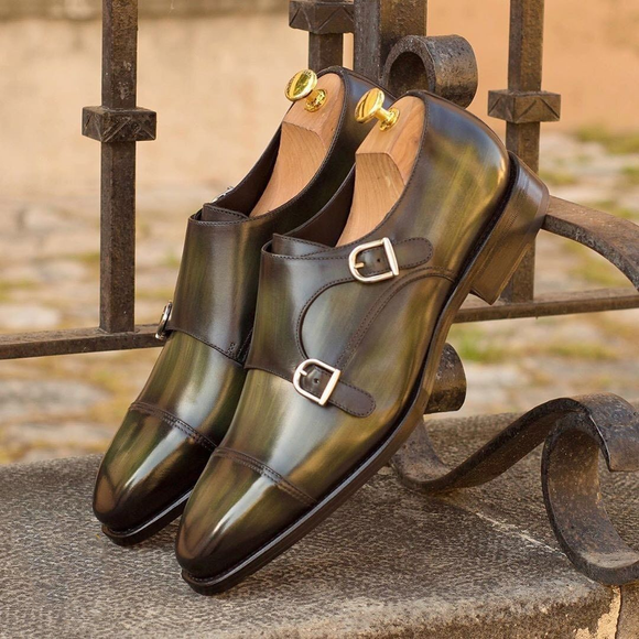 Green Leather Plovdiv Double Monk Straps
