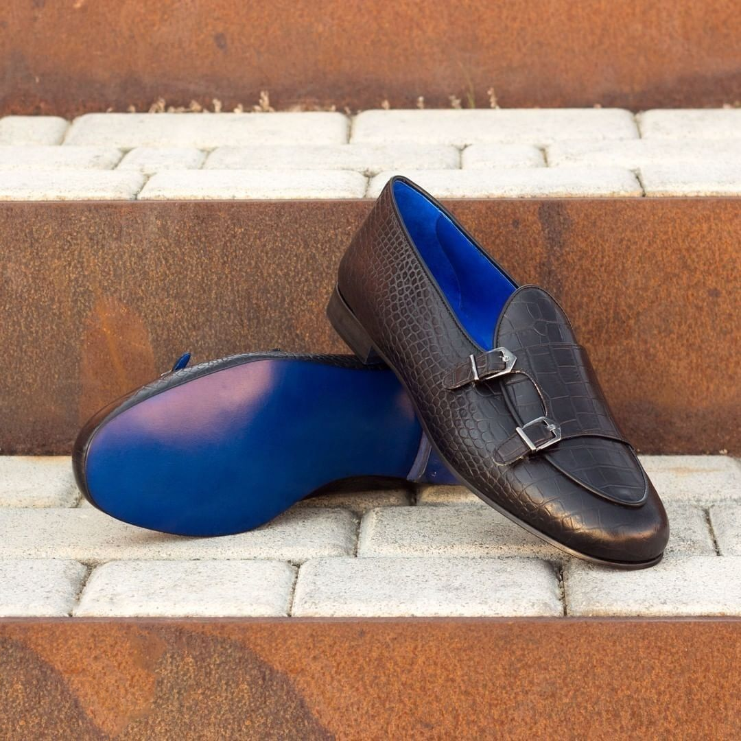 Brown Crocodile Print Leather Varna Monk Strap Shoes