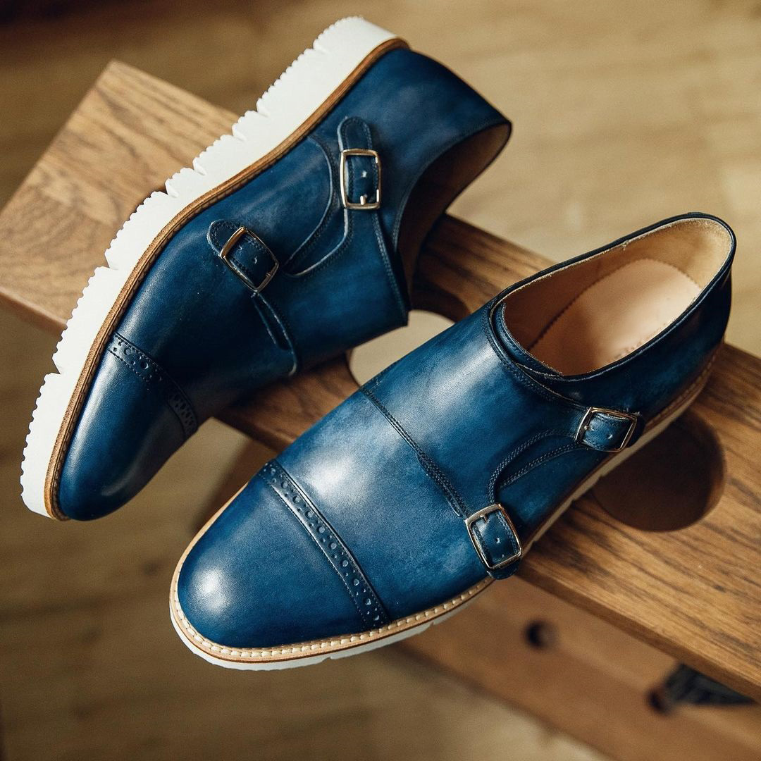 Blue Leather Stara Monk Strap Shoes with White Sole - Summer 2024 Collection